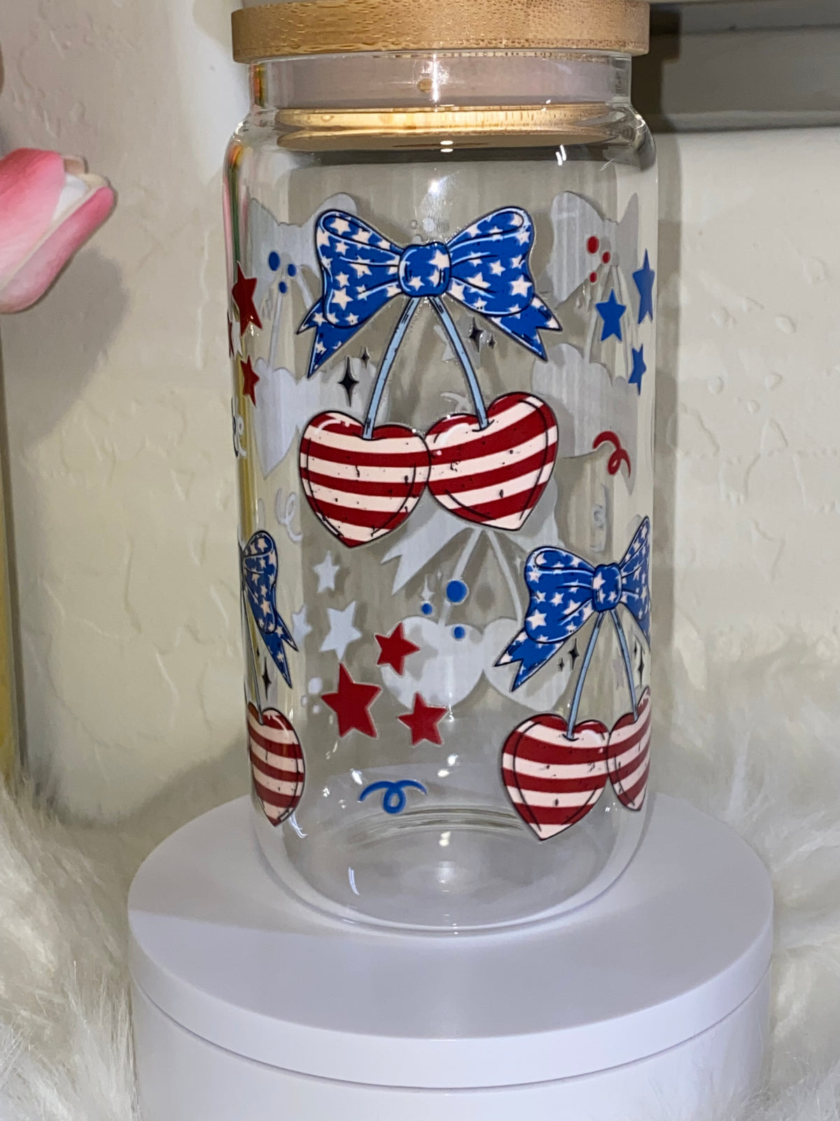 Red, White, Blue Cherry Bow 16oz Glass