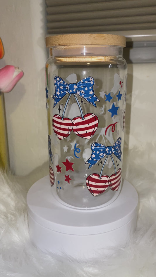 Red, White, Blue Cherry Bow 16oz Glass